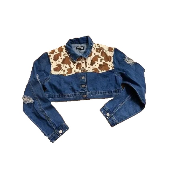 Poster Grl size XS denim jean cropped jacket with cow print - DOLLS KILL - Picture 5 of 5